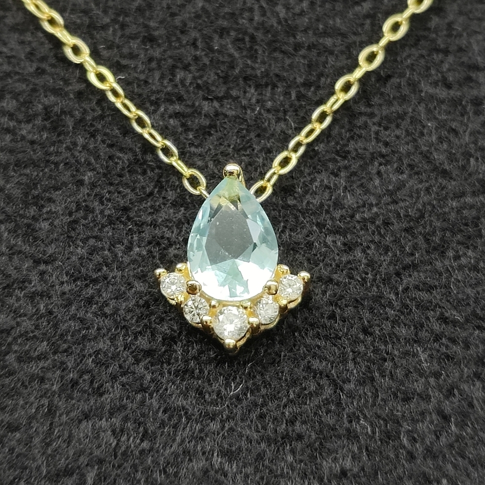NEW 14K GP 925 STERLING SILVER BLUE ZIRCON DROP PAVE NECKLACE